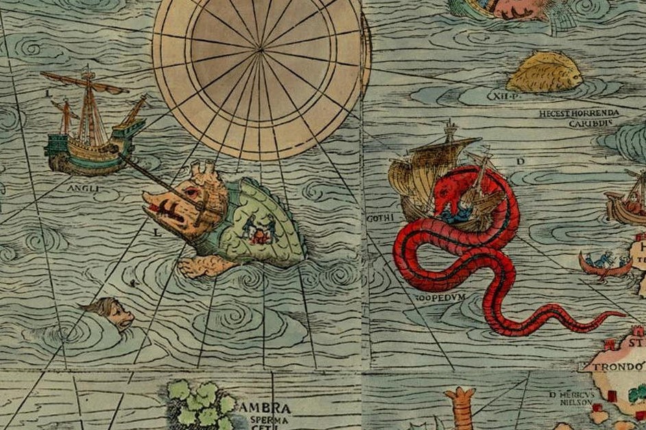 Serpientes y peces en mapa antiguo